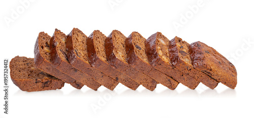Fotografie Dark sliced bread loaf arranged in row, bakery product concept for packaging, me