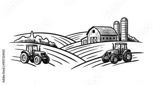 Detailed monochrome farm landscape illustration with tractors, a barn, and silos on rolling fields, depicting agricultural life