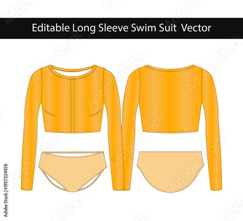 Women Long Sleeve Crop Swimwear Set Front and Back View High Waist Bikini Bottom Two Piece Swimsuit Fashion Illustration with Gingham Pattern Summer Beach Outfit Vector