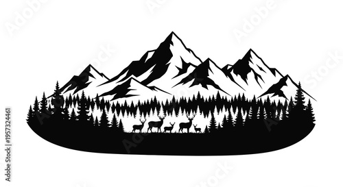 A striking black and white landscape depicts majestic mountains a dense forest and deer all in silhouette high quality professional detailed