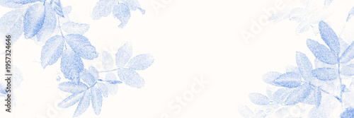Blue cyanotype branch botanical background. Stipple dot overlay texture with leaves and twig silhouette. Delicate indigo blue nature banner for template and graphic design project.