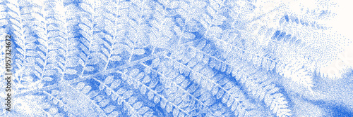 Cyanotype stipple overlay texture bg with fern leaves silhouettes. Vector soft blue wallpaper for template, graphic design projects, artworks
