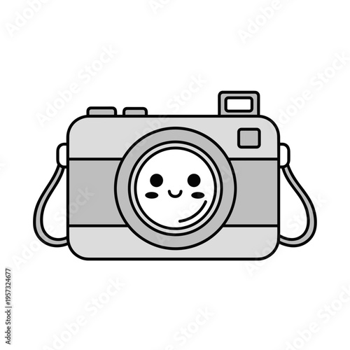 Smiling camera with strap and lens.