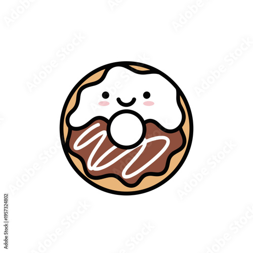 Smiling cartoon chocolate donut with icing.