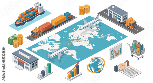 Isometric illustration depicting global commerce logistics trade routes and financial transactions showcasing a world map silhouette high quality professional detailed modern