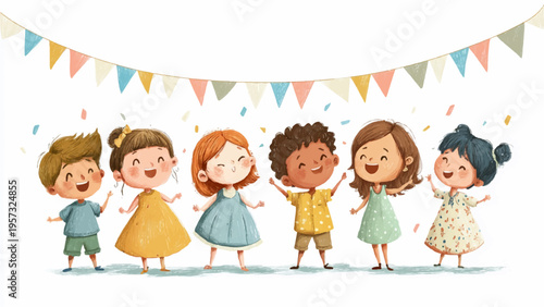 Set of 6 cartoon children celebrating with colorful bunting vector