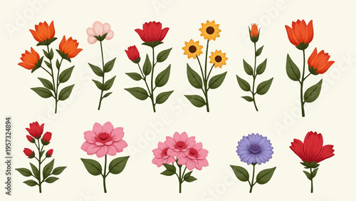 Set of 10 colorful flower icons vector