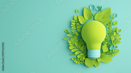 Eco Lightbulb Made of Green Leaves Top View – Renewable Energy and Sustainable Resource Conservation Concept