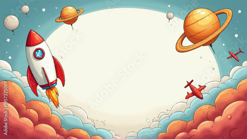 Space background with rocket, planets, and clouds vector