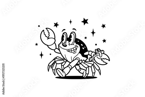 Vintage Retro Style Cartoon Crab Illustration with Stars