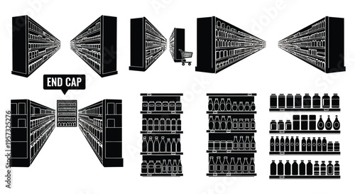 A series of black store shelving units and end caps are displayed in a minimalist graphic silhouette high quality professional detailed
