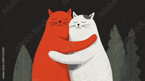 Vector illustration of two hugging cats, red and white, in forest