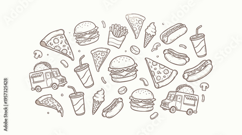 Charming outline illustration showcasing a delicious variety of popular fast food items and street eats in a playful sketch design, perfect for food-related projects