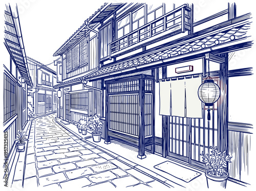 Kyoto alley sketch with traditional houses and paper lantern