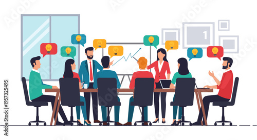 Diverse team brainstorming meeting in modern office with colorful speech bubbles in flat design for business collaboration