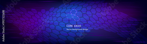 Core ideas key points concept. Hexagonal grid wave on dark blue and purple background. Futuristic honeycomb structure with glowing light trails. Modern tech design for core ideas presentation.