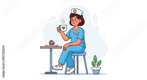 A cheerful nurse enjoys a break with coffee and a sweet treat depicted in a flat colorful silhouette high quality professional