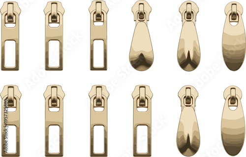 Zipper pull set vector illustration, realistic metal slider collection, clothing accessory design elements, sewing tailoring tools isolated on white background