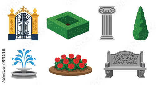 A collection of garden elements including gates hedges fountains and benches presented as isolated icons silhouette high quality professional detailed modern