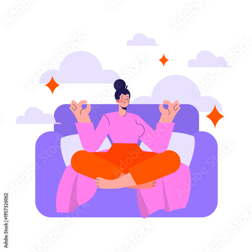 Woman Meditating on Couch with Relaxed Expression Vector
