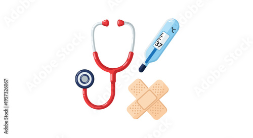 A red stethoscope, a blue digital thermometer, and two crossed adhesive bandages are displayed on a white background.
