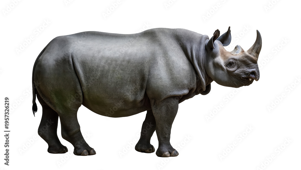 Obraz premium Powerful black rhinoceros standing majestically, showcasing its strong horns and thick hide
