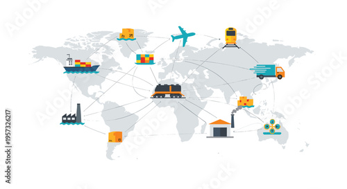 Various transportation and logistics icons are interconnected on a world map against a plain white background.