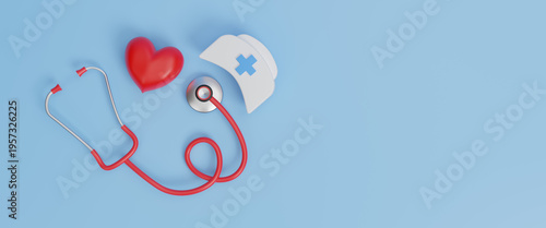International nurse day, medical help and care concept, happy nurses day on earth with stethoscope to mark the contributions that nurses make to society, copy space for text, 3d rendering illustration