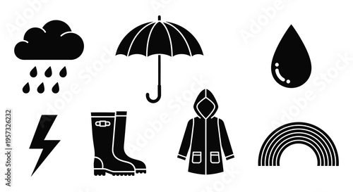 A collection of black weather icons including clouds rain lightning and a hooded figure silhouette high quality professional detailed modern elegant
