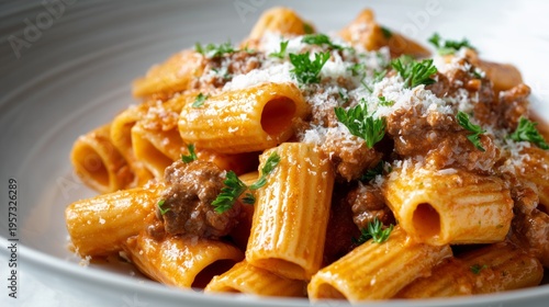creamy paprika beef pasta rigatoni with parmesan in white bowl