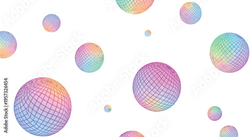Eleven iridescent wireframe spheres of various sizes are depicted floating against a clean white background.