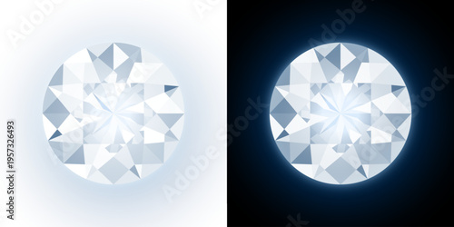 Faceted diamond gemstone illustration isolated on dark and light background sky. Detailed illustration of a faceted diamond gemstone with geometric cuts glowing against a dark blue background
