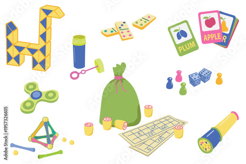 Large set of vintage children games and retro wooden toys isolated on white background