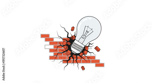 A glowing light bulb forcefully breaks through a red brick wall, creating cracks and scattering fragments against a plain white background.