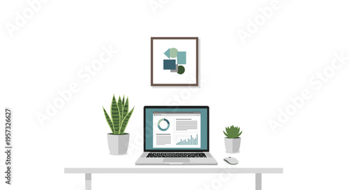 A minimalist flat-lay shows a silver laptop displaying data analysis, flanked by potted plants and a mouse on a white desk, with abstract art above.