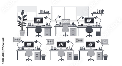 A monochromatic illustration shows an open-plan office with six individual workstations, each equipped with computers and lamps, against a white background.