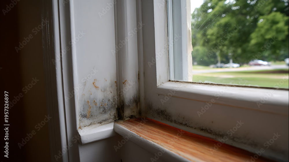 Fototapeta premium Close up window with visible damp, dirt, and potential moisture damage, showing neglected interior environmental concerns in a living space