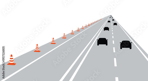 A multi-lane highway with orange traffic cones lining the left side and several black cars driving on the right lanes recedes into the distance on a white background.