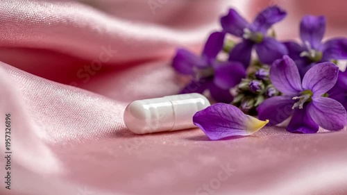 A single white vitamin capsule for women's health rests on soft pink silk fabric beside purple flowers in a delicate, minimal composition of feminine wellness and supplementation.