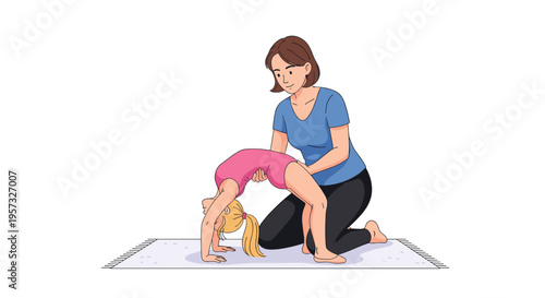 A woman assists a young girl performing a backbend on a mat against a plain white background.