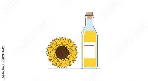 A vibrant sunflower stands next to a clear bottle of golden oil on a white background.