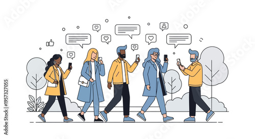 People walking and using smartphones surrounded by communication icons depicted in a minimalist silhouette high quality professional detailed modern elegant stylish