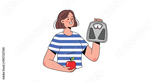 A smiling woman holds a gray bathroom scale and a red apple against a plain white background.