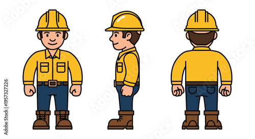 Three construction workers are depicted in front profile and rear views showcasing a flat design silhouette high quality professional detailed modern