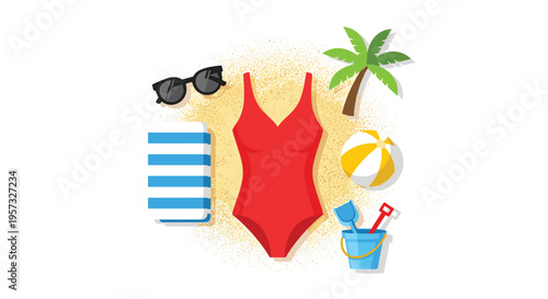 Beach essentials including a red swimsuit, sunglasses, and sand toys are arranged on a patch of sand.