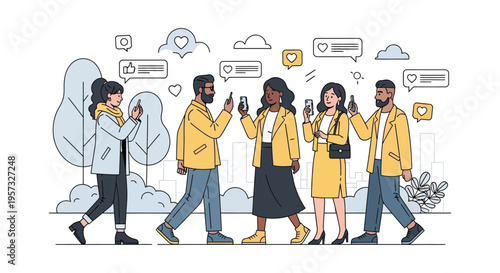 A diverse group of people walk while engaging with social media on their phones depicted as a clean silhouette high quality
