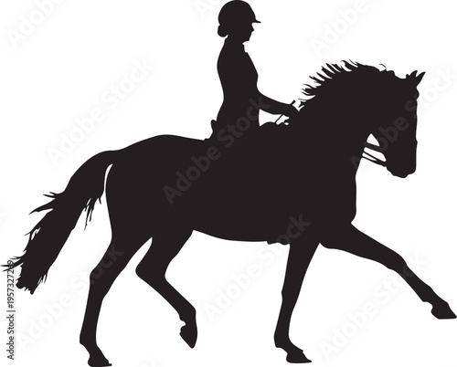 Silhouette of woman riding a horse in dressage, equestrian sport, show jumping, graceful movement, black on white background