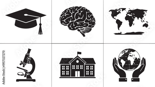 Black and white education science global awareness icons vector illustration for learning and knowledge design