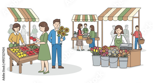 A vibrant outdoor farmers market scene showcasing people produce and flowers depicted in a charming silhouette high quality professional detailed modern