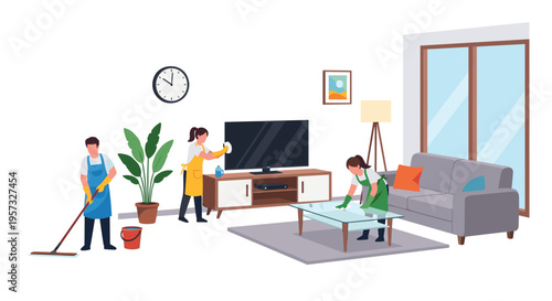 Three professional cleaners are diligently tidying a modern living room with a large television and a comfortable sofa.